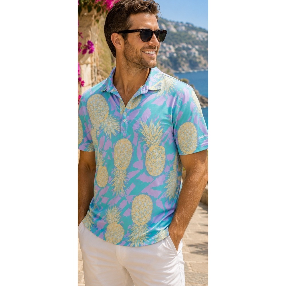 Chubbies Golf Polo Pineapple Print Performance Stretch Shirt Men's Large Logo‎